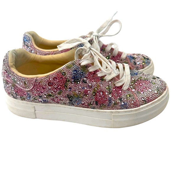 Betsey Johnson SIDNY Rhinestone Sneakers Floral Multi Sparkle Designer Shoes, 9 - Picture 1 of 12